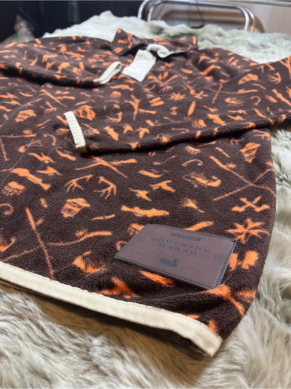 Southern Marsh Brown Fleece Hunting/Fishing Pullover with Orange Print